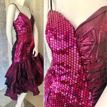 Sequin Beaded Maxi Cocktail Dress, Ruched, Hi Low, Statement, Alyce Designs, Vintage 80s Prom 