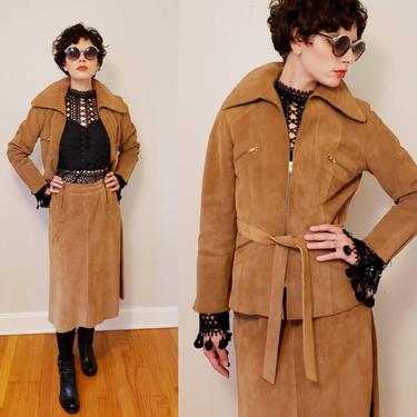 1970s Light Brown Suede Skirt Suit with Zipper Skincheetahs / 70s A Line Midi Skirt Matching Fitted Belted Jacket / Small / Fia 