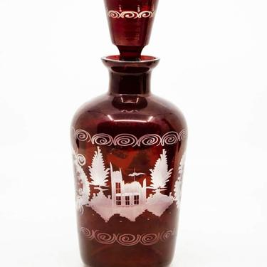 Antique Bohemian Cranberry Crystal Holiday Decanter by Moser 