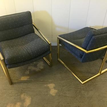 Pair Milo Baughman Thayer Coggin Brass Lounge Chairs