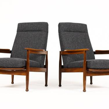 Danish Modern / Mid Century Teak Reclining Lounge Chairs — Charcoal Textile — ‘Manhattan Chair’ — Pair 