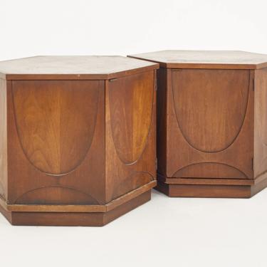 Broyhill Brasilia Mid Century Hexagon Side End Table Cabinet - A Pair - mcm 