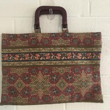 Vintage Elliva Boston Tapestry Purse Sewing Bag 1980s Handbag Purse Fabric Zipper Larger Size Blue Maroon Floral Massachusetts Leather Tote 