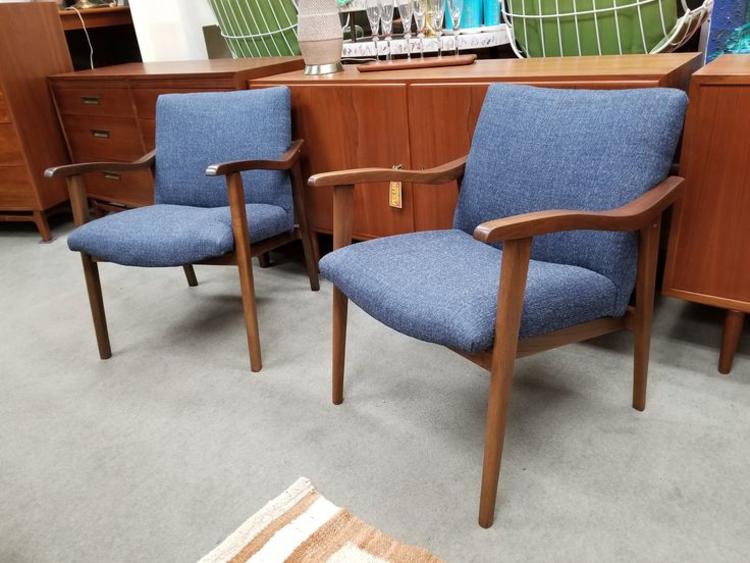 Pair of Mid-Century Modern walnut frame armchairs with new upholstery