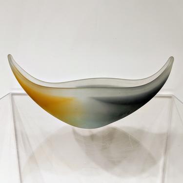 Mid-Century Modern Yellow &amp; Blue Decorative Glass Vase or Bowl 