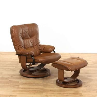 Ekornes Style Brown Tufted Leather Recliner w/ Ottoman