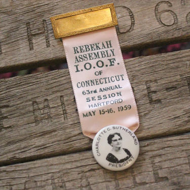Vintage Rebekah Assembly Odd Fellows IOOF Ribbon and Photograph Portrait Button: Charlotte C. Sutherland, President, 1959, Connecticut 
