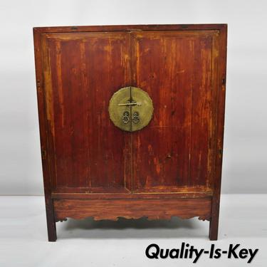 Antique Asian Red Lacquer Oriental Chinese Wedding Cabinet
