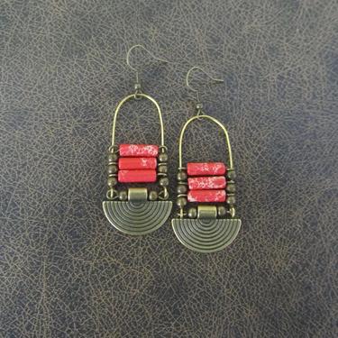 Chandelier earrings, jasper and brass ethnic statement earrings, chunky bold earrings, African earrings, unique bohemian earrings red 