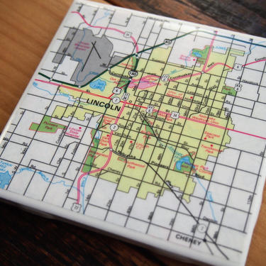 1983 Lincoln Nebraska Map Handmade Repurposed Vintage Map Coaster - Ceramic Tile Coaster Repurposed 1983 City Map Atlas OOAK Drink Coasters 