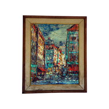 Vintage Mid-Century Modern Cityscape Original Oil on Canvas Painting 