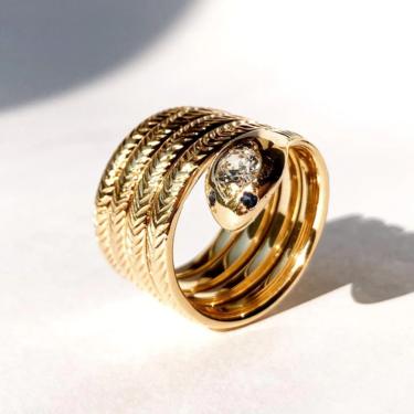 Heavy Antique Vintage 14K Gold Diamond & Blue Spinel Snake Ring, 15.9g Sz 6.5-7 