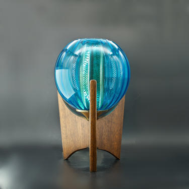 1960s Mid-Century EF Industries Blue Glass Rocket Globe Table Lamp Walnut 