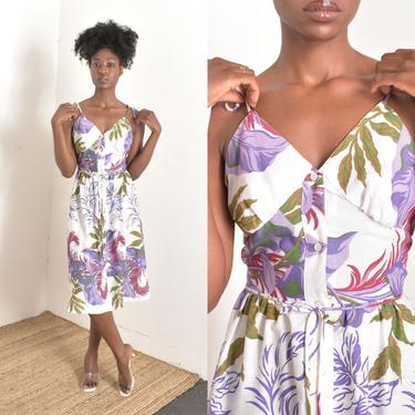 Vintage 1970s Dress / 70s Tropical Floral Print Cotton Sundress / White Purple ( small S ) 