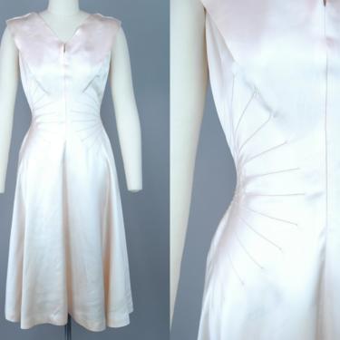 1950s Ballet Slipper Satin Cocktail Dress | Vintage 40s 50s Pale Peach Dress | extra small 