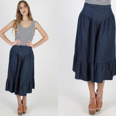Womens Gunne Sax Blue Jean Skirt Denim Skirt With Pockets Skirt Vintage 70s Chambray Solid Color Prairie Boho High Waist Midi Mini Skirt 