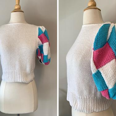 Vintage 1980s Puff Sleeve Pink White Blue Harlequin Woven Basket Weave  Knit Sweater Sweater | Size XS/S 