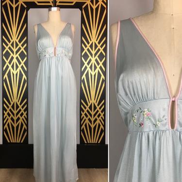 1970s nightgown, baby blue nylon, embroidered flowers, vintage lingerie, size large, 38 bust, sleeveless, empire waist, 70s lingerie, summer 