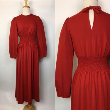1970s Lanz Red Jersey Knit Smocked Waist Dress Gown 
