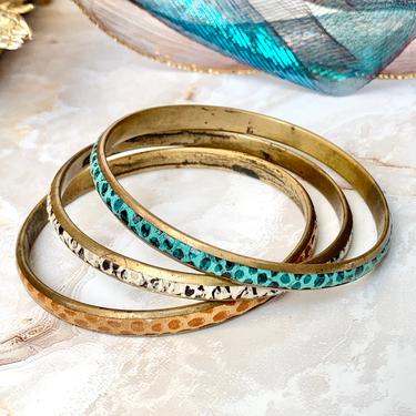 Trio of Bangles, Reptile and Brass Bracelets, Lot 3, Vintage 70s 80s, Hippie Hipster Boho 