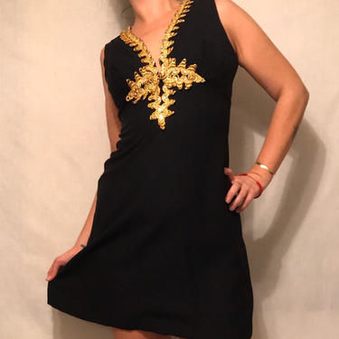 1960s Black and Gold Party/Cocktail Mini Dress || Gold and Rhinestone V-Neck Trim || A-Line || Size S/M by CelosaVintage