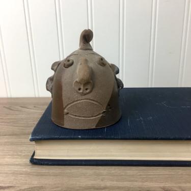 Quirky face pottery bell - vintage handmade pottery 