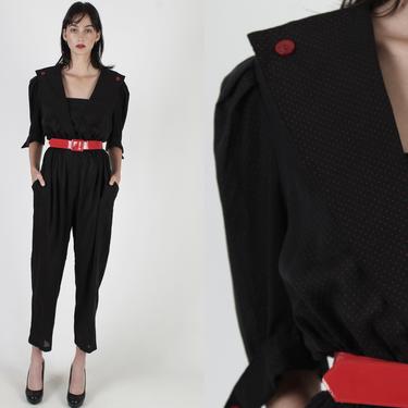 All Black Jumpsuit With Pockets / 1980s Tiny Red Polka Dot Playsuit / Vintage 80s Womens Button Up Nautical Jumpsuit 