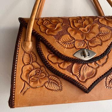 1950s Mexican Western Tooled Leather Purse Vintage Floral Unique Design 