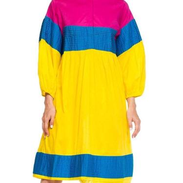 1980S Magenta  Yellow Cotton Colorblocked Dress With Pleated Panels 