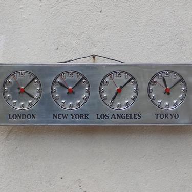 Wilton Pewter Four Time Zone Wall Clock with Second Hands, London NY LA Tokyo 