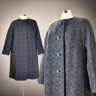 Gray Wool Boucle Coat, Large / Vintage 1960s Swing Coat / Womens Warm Winter Dress Coat with Chunky Buttons / Madmen Chic Trapeze Coat 