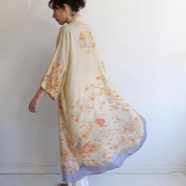 1920s Silk Pongee Robe/ 20s 30s Tissue Silk Floral Jacket/Deco Loungewear/Size Small Medium Large 