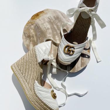 GUCCI White Leather Double G Espadrille Wedge