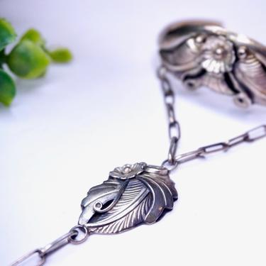 Vintage Silver Leaf Hand Chain, Artisan Bracelet Cuff with Intricate Floral Designs, Handmade Silver Toned Chain Ring and Bracelet Cuff 