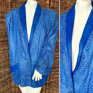 Vintage 80s Blue Leather Jacket, Embossed Pattern, Ultra Blue, Snap Front, XL 