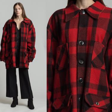 Vintage Red &amp; Black Plaid Wool Jacket - Men's 2X Tall | 80s Button Up Hunting Field Coat 