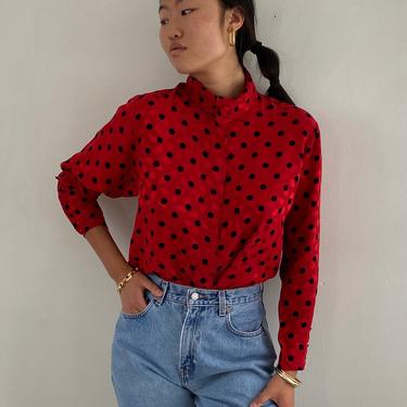 70s Jaeger silk blouse / vintage red black polka dot 100% silk jacquard high collared batwing blouse | S M 