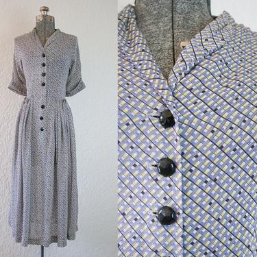 1940's Cold Rayon Geometric Print Day Dress / Size Medium 