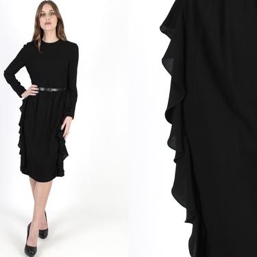 Vintage Black Bill Blass Dress Solid LBD Little Black Dress Simple Designer Evening Ruffle Pencil Skirt Plain Evening Mini Dress Size 8 