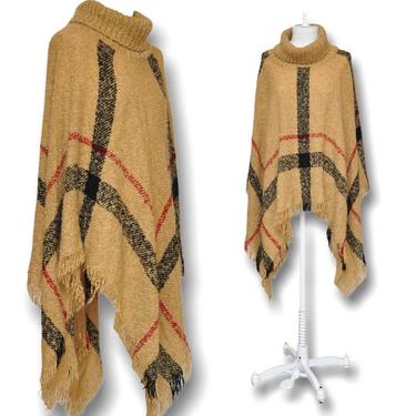 Vintage Turtleneck Cape Sweater Beige and Black Plaid Poncho Boho Winter 