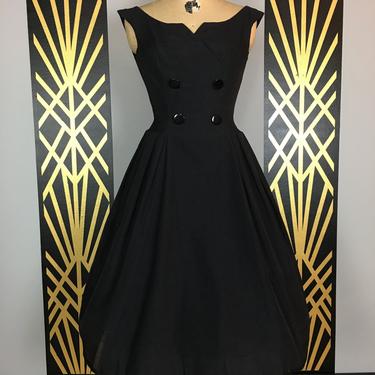1950s dress, fit and flare, vintage 50s dress, black linen dress, double breasted, size large, mrs maisel style, Mardi Gras, 31 waist, full 
