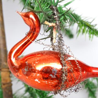 Antique Victorian Red Wire Wrapped Mercury Glass Swan Christmas Tree Ornament with Spun Glass Tail, Vintage Hand Blown Bird 