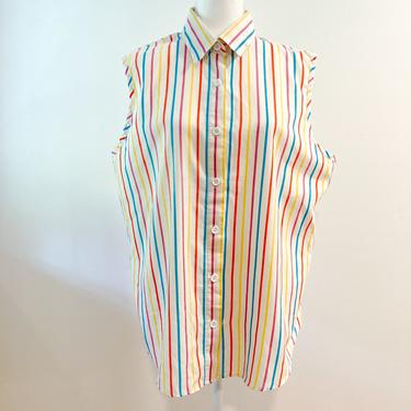 80s Cream and Multicolor Striped Sleeveless Blouse | Extra Large/XXL 
