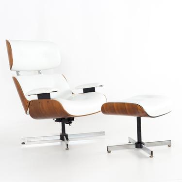 Eames Style Plycraft White Leather and Walnut Lounge Chair and Ottoman - mcm 