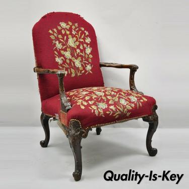 Antique Georgian Floral Needlepoint Carved Mahogany Fireside Lounge Arm Chair