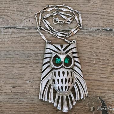 Retro Mid Century J.J. Silver with Green Eye Owl Necklace 