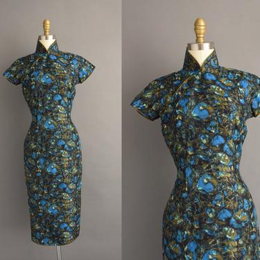 1950s vintage dress | Beautiful Blue Abstract Print Cheongsam Cocktail Party Wiggle Dress | XS Small | 50s dress 