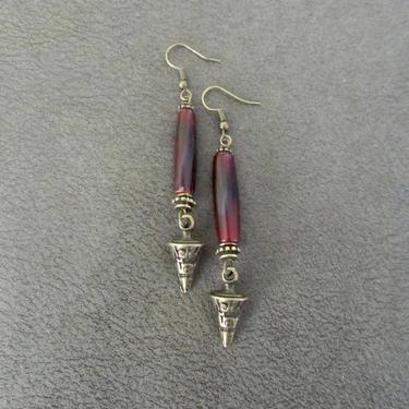 Long red bone earrings, etched bronze statement dangle earrings, tribal earrings, exotic African earrings, ethnic Afrocentric earrings 