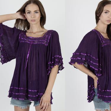 Purple Mexican Gauze Tunic / Kimono Sleeve Cotton Blouse / Lightweight Sheer See Through Top / Airy Crochet Trim Angel Beach Cover Up Top 