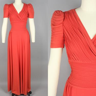 1940s FOGA Rayon Gown · Vintage 30s 40s Coral Red Rayon Dress with Pintuck Pleats · Extra Small 